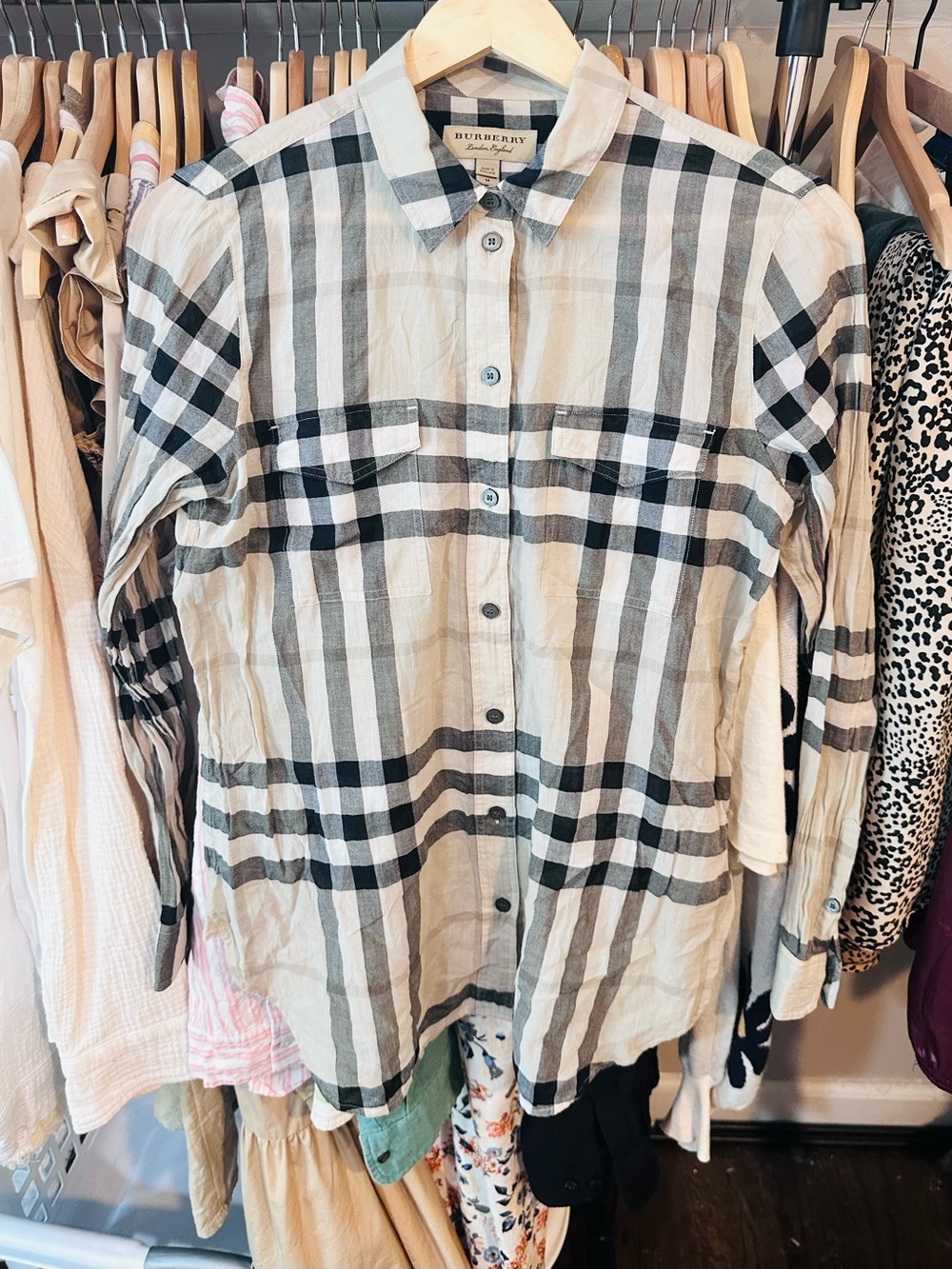 Burberry Beige Cream and Black Plaid Button-Down Dress Shirt- Medium Women’s